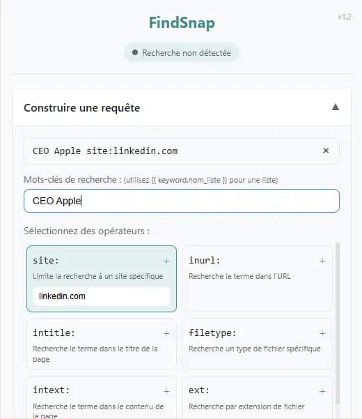 FindSnap Interface Construction Requête